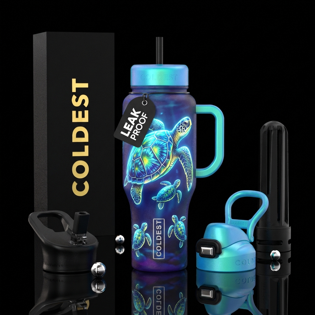 Sea turtle with 3 baby sea turtles that glow water bottle design
