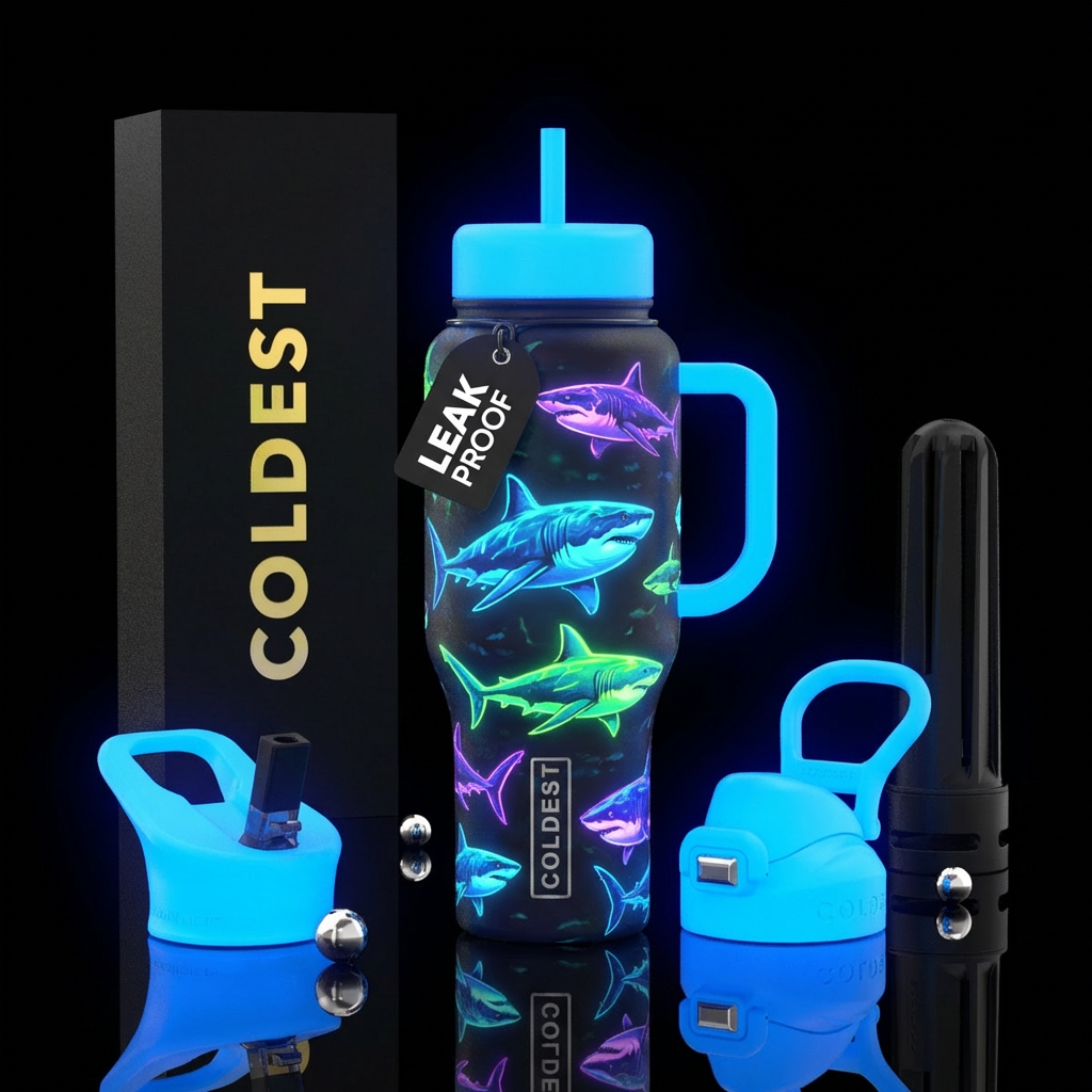 Sharks glowing water bottle design