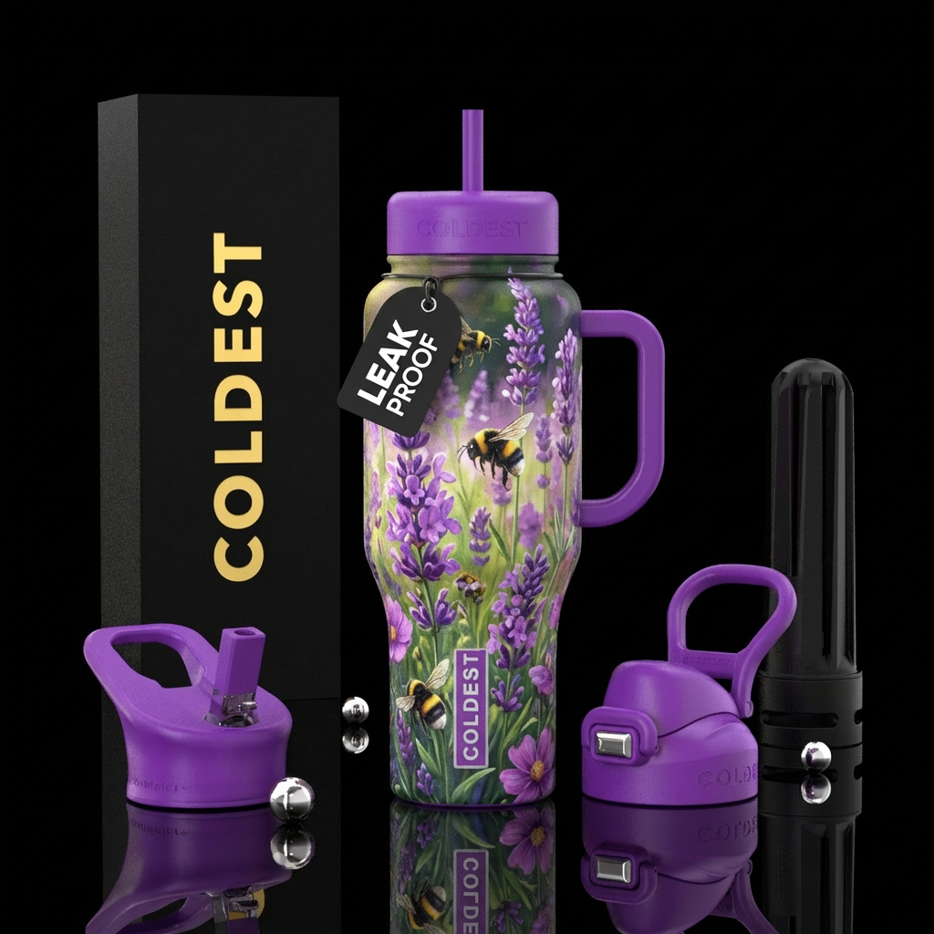 Purple wild flowers and bumble bees in a field water bottle design