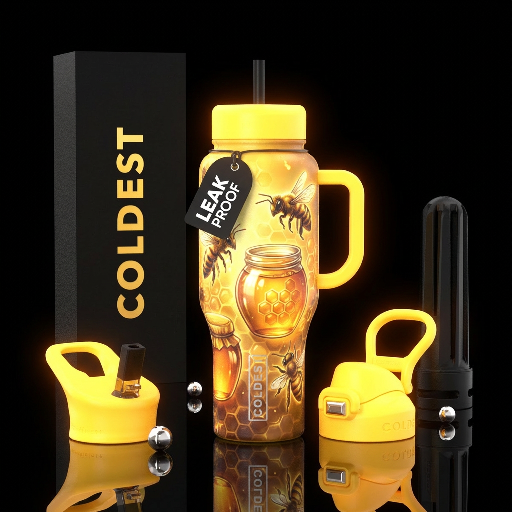 BEE AND HONEY POTS THAT GLOW with yellow lids and ... water bottle design