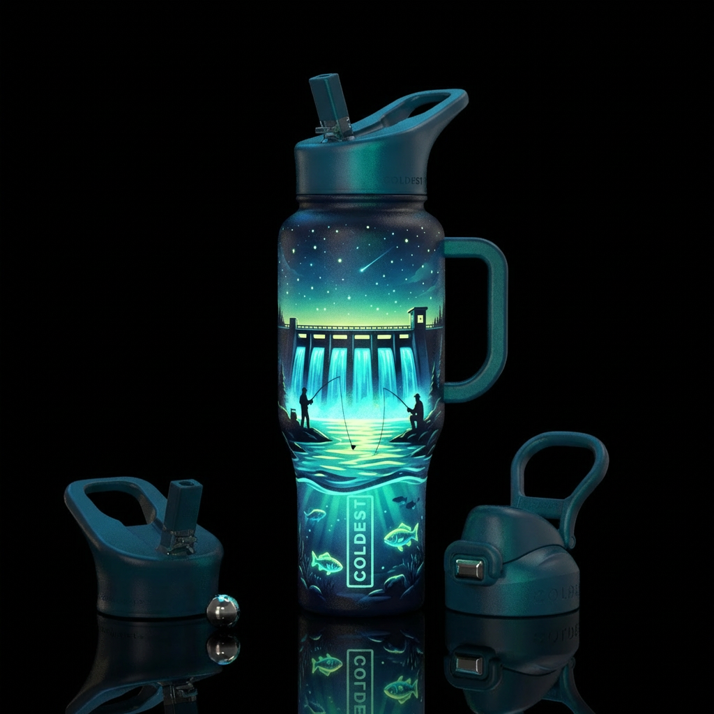 Fishing in the dark at a dam glow in dark water bottle design