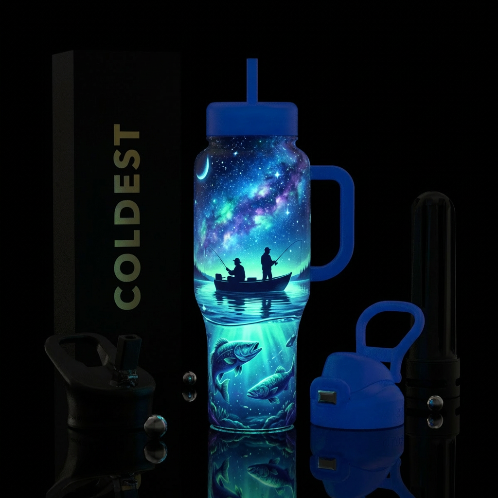 Fishing under stars glow in dark water bottle design