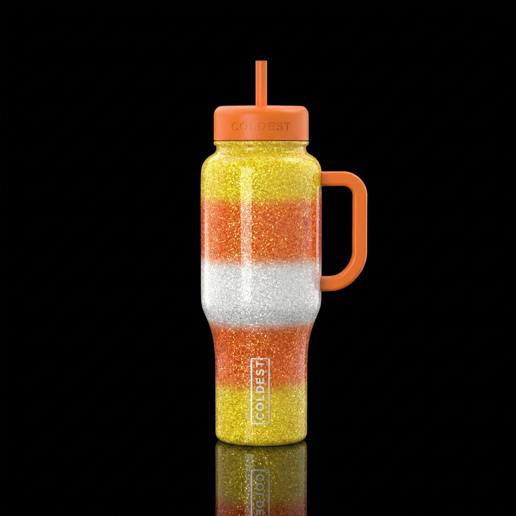 Orange yellow white candy corn with glitter on it water bottle design