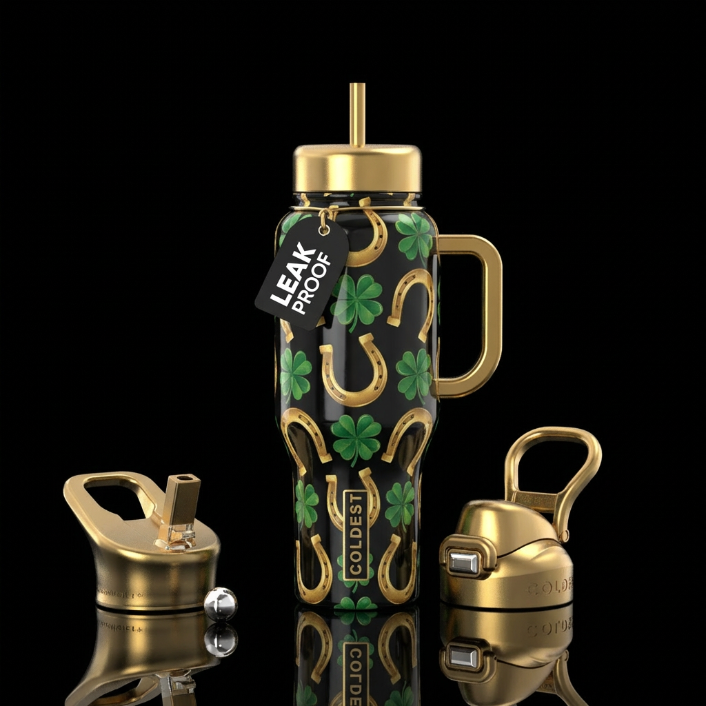 Horse shoes and  4 leaf clovers water bottle design