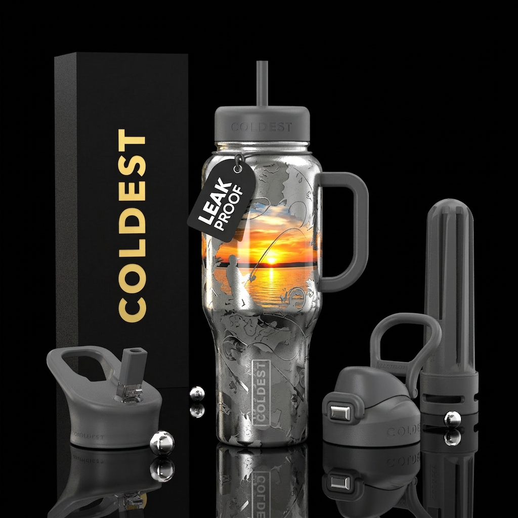 Different shade of gray fishing bottle with a brig... water bottle design