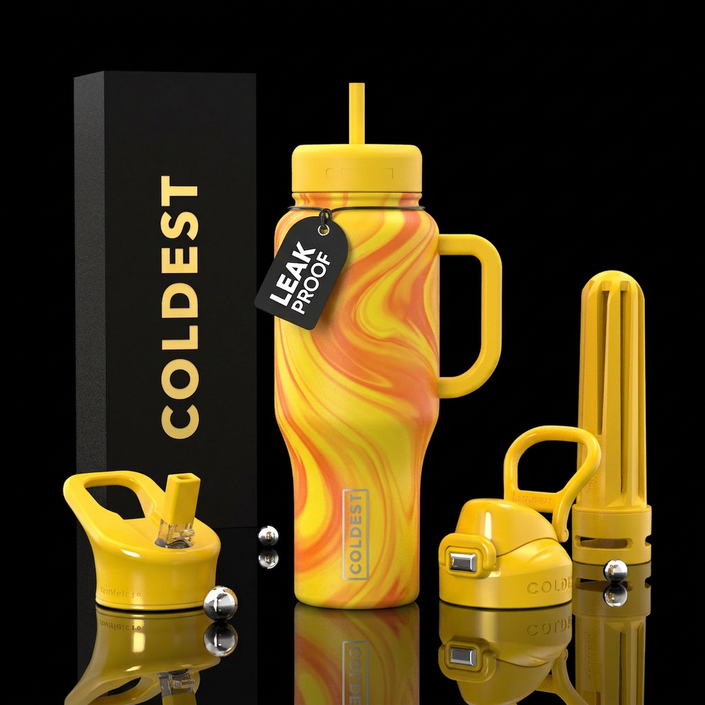 Bright yellow and orange swirl cup with yellow han... water bottle design