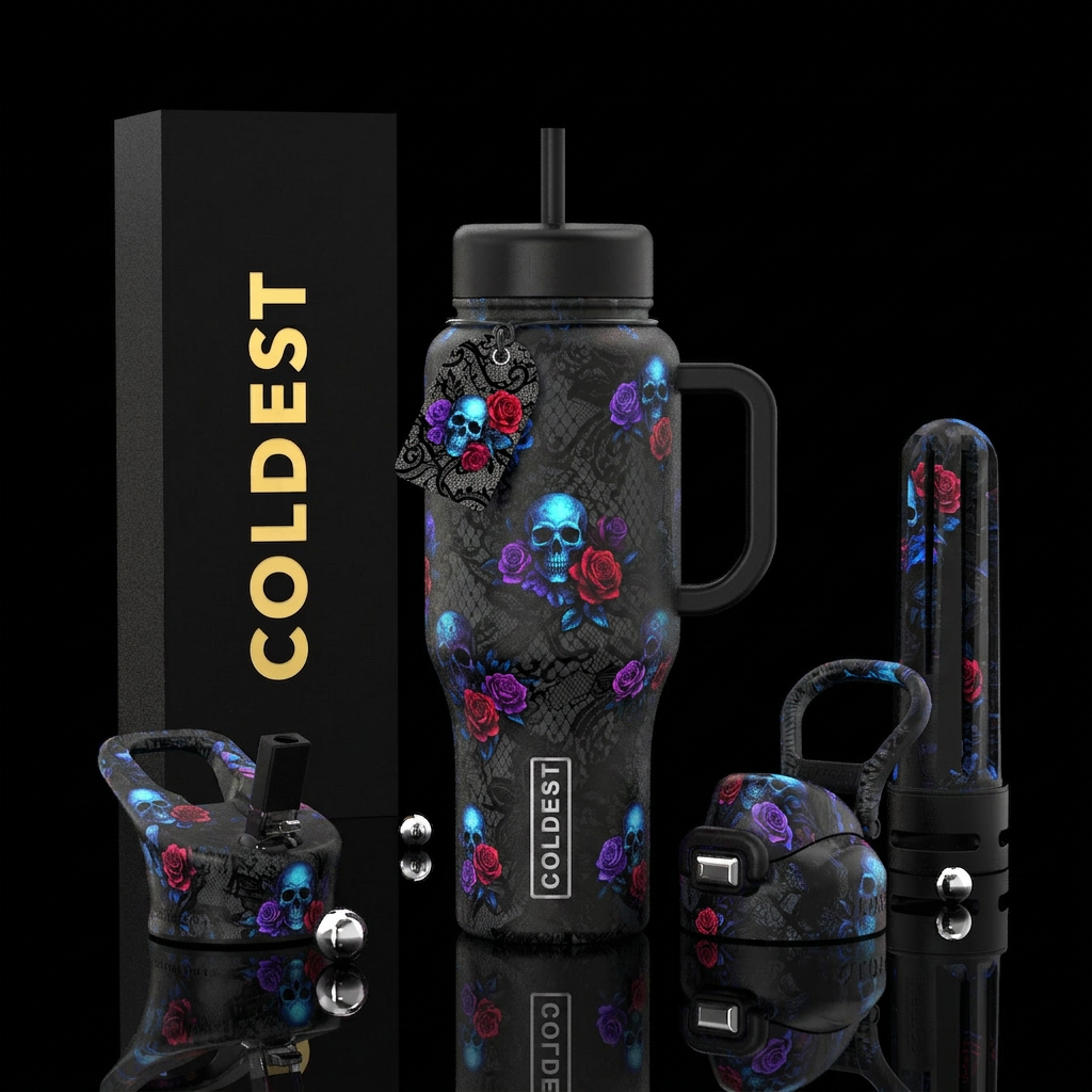 Glowing Skulls and lace with roses water bottle design