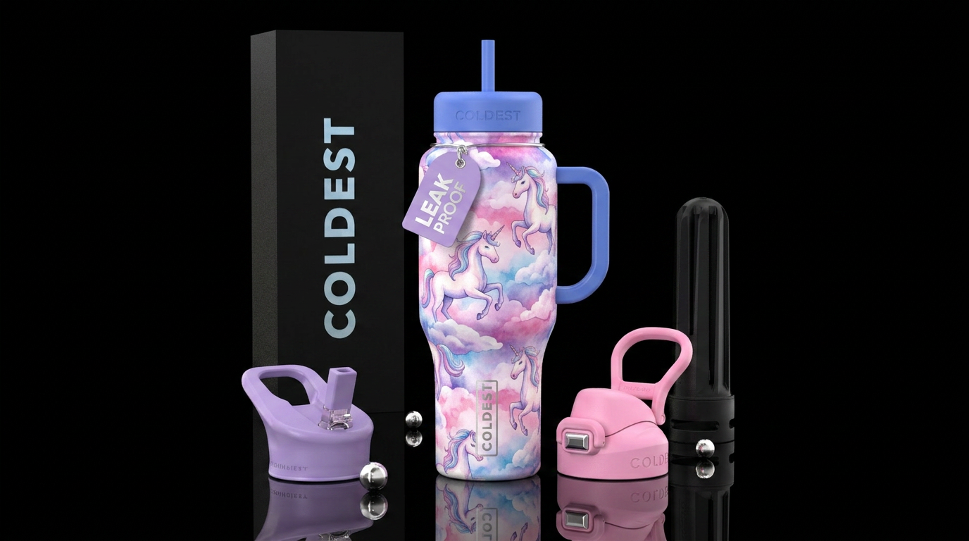 Unicorns on clouds with alot of pink purple and bl... water bottle design