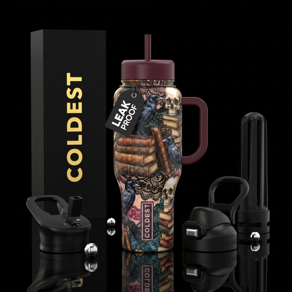 Stacks of books with lace pieces and crows and sku... water bottle design