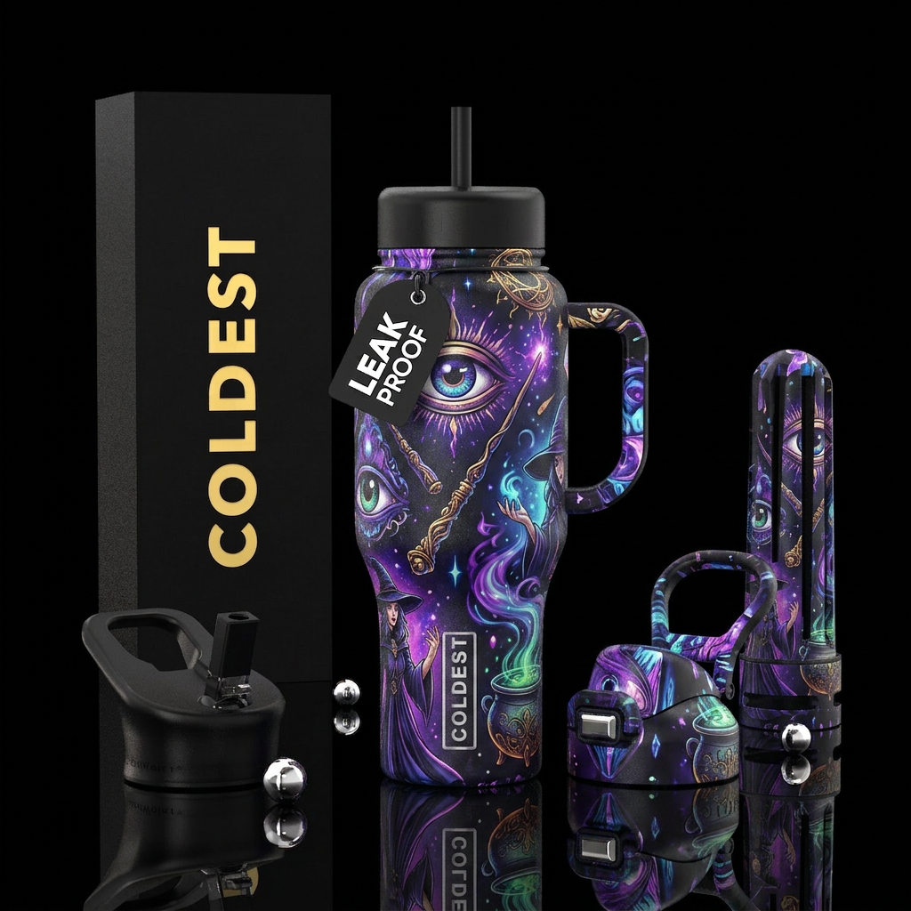 All seeing eye, wands, witches, cauldrons water bottle design