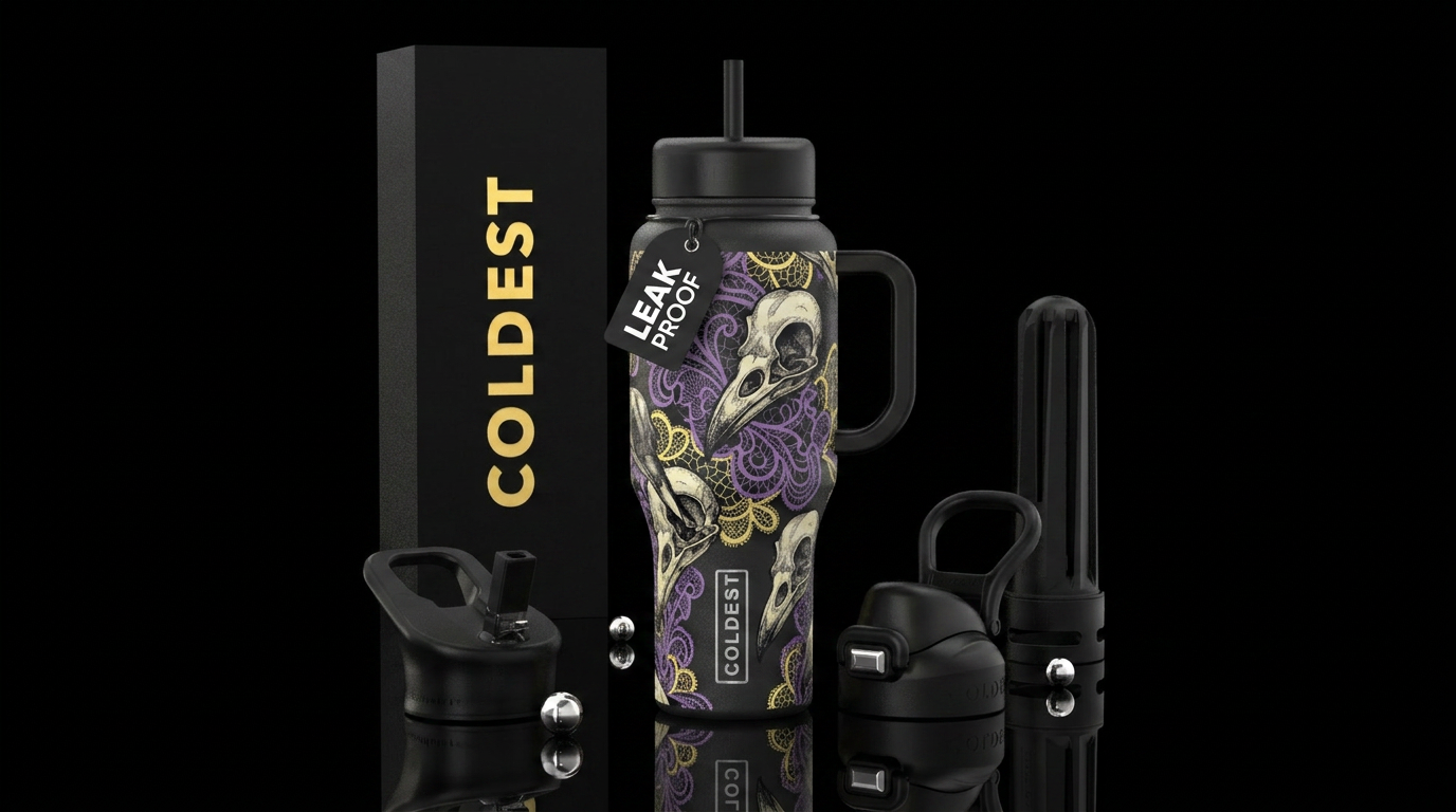 Crows skulls and lace in purple and yellow water bottle design