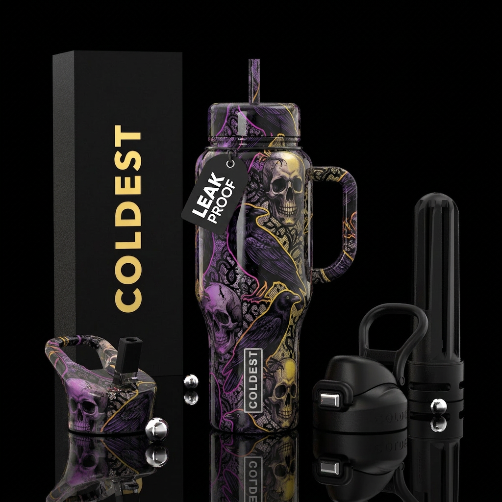 Crows and skulls and lace in purple and yellow water bottle design