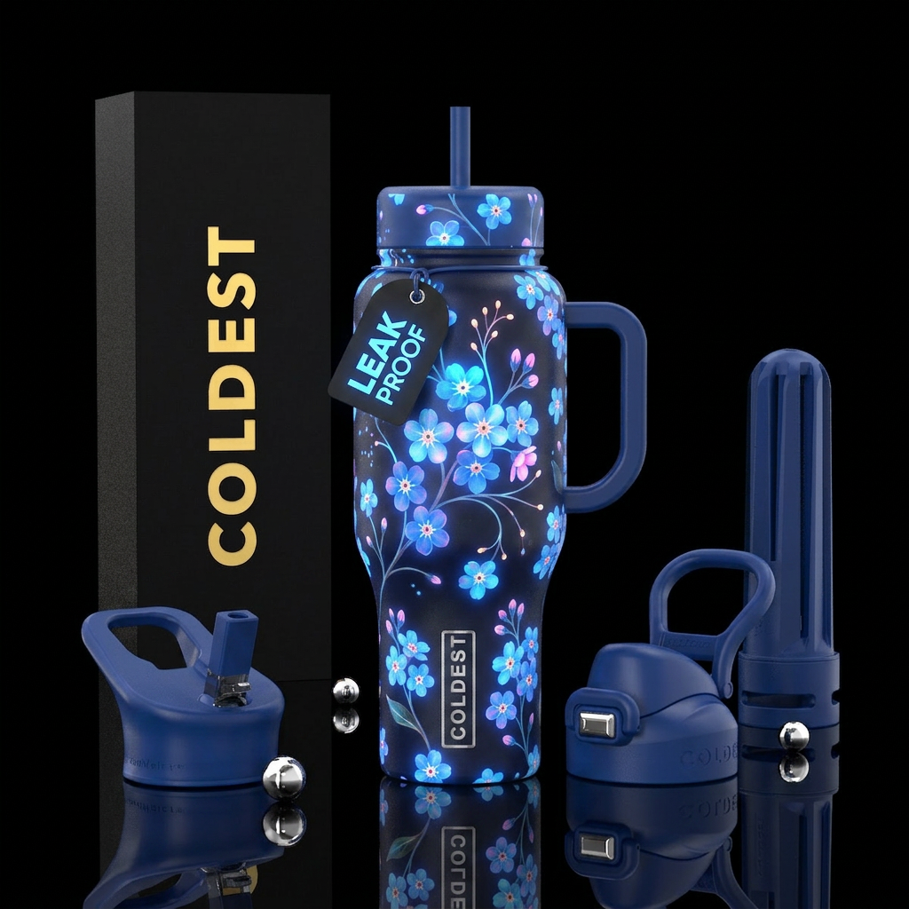 Glowing blue and pink forget me knots flowers all ... water bottle design