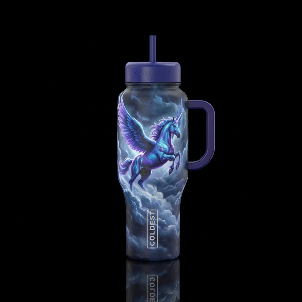 Blue and purple Pegasus flying out of cloudsin a d... water bottle design