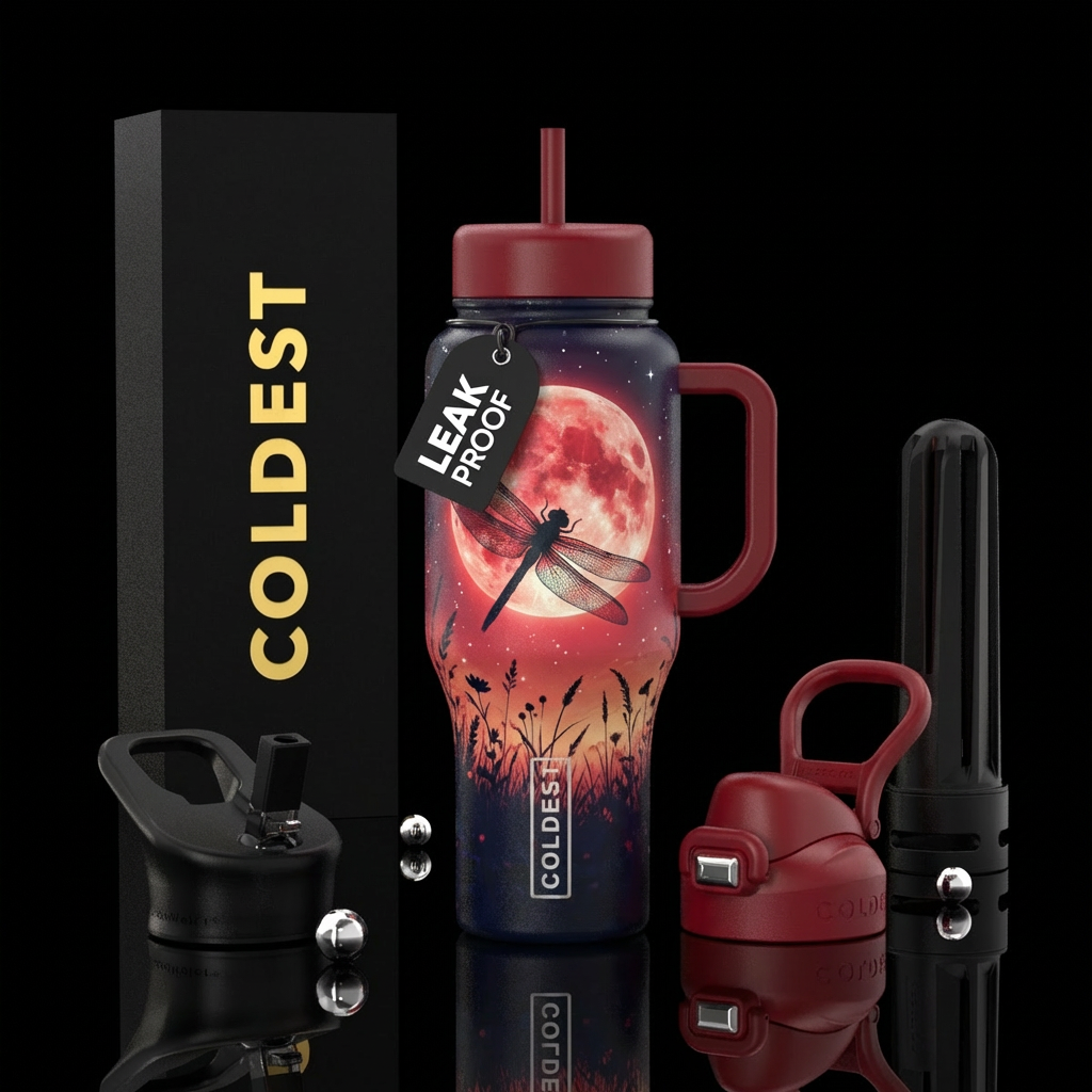 Dragonfly soaring over a meadow at night with a re... water bottle design