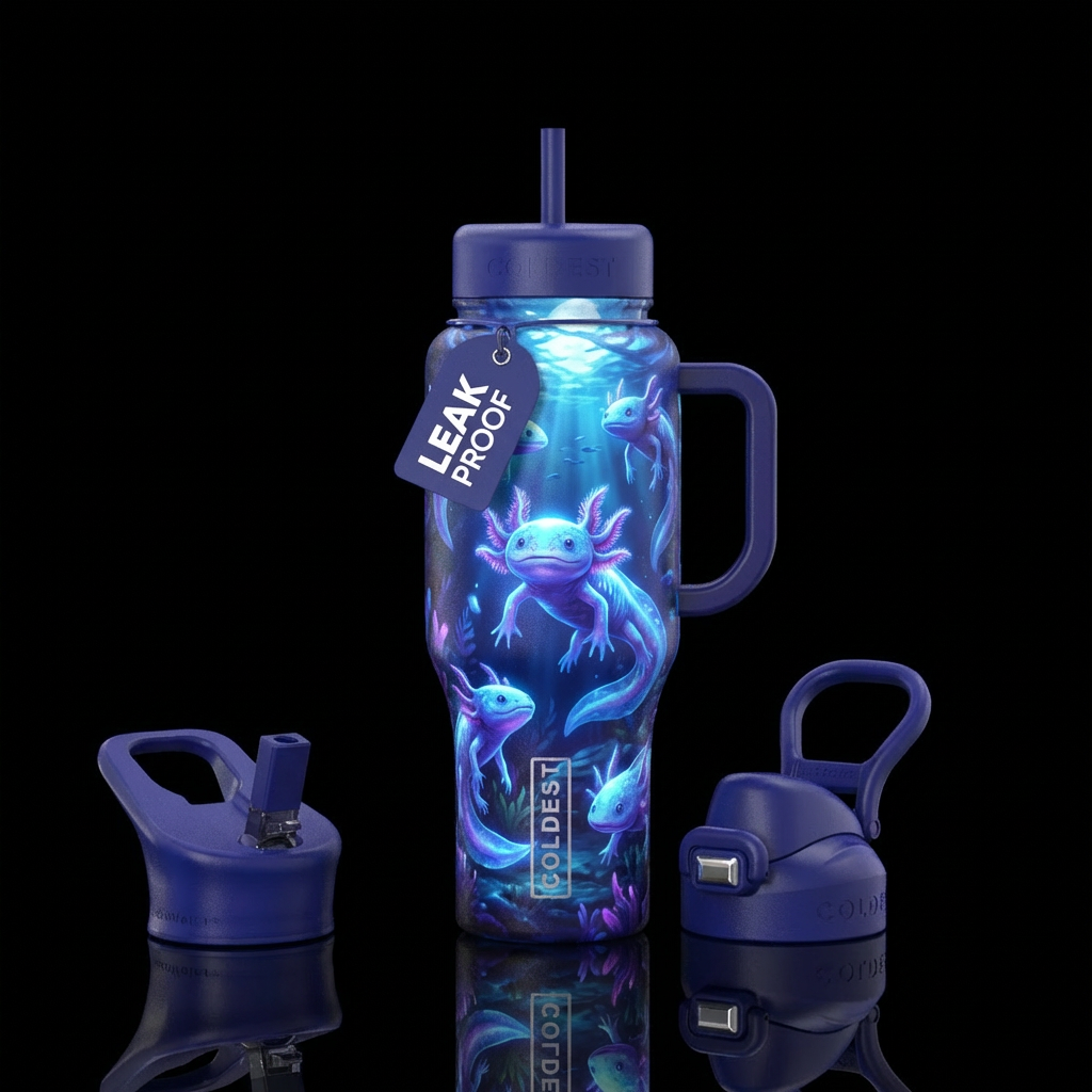 Blue and purple Axilotils that glow in the water w... water bottle design