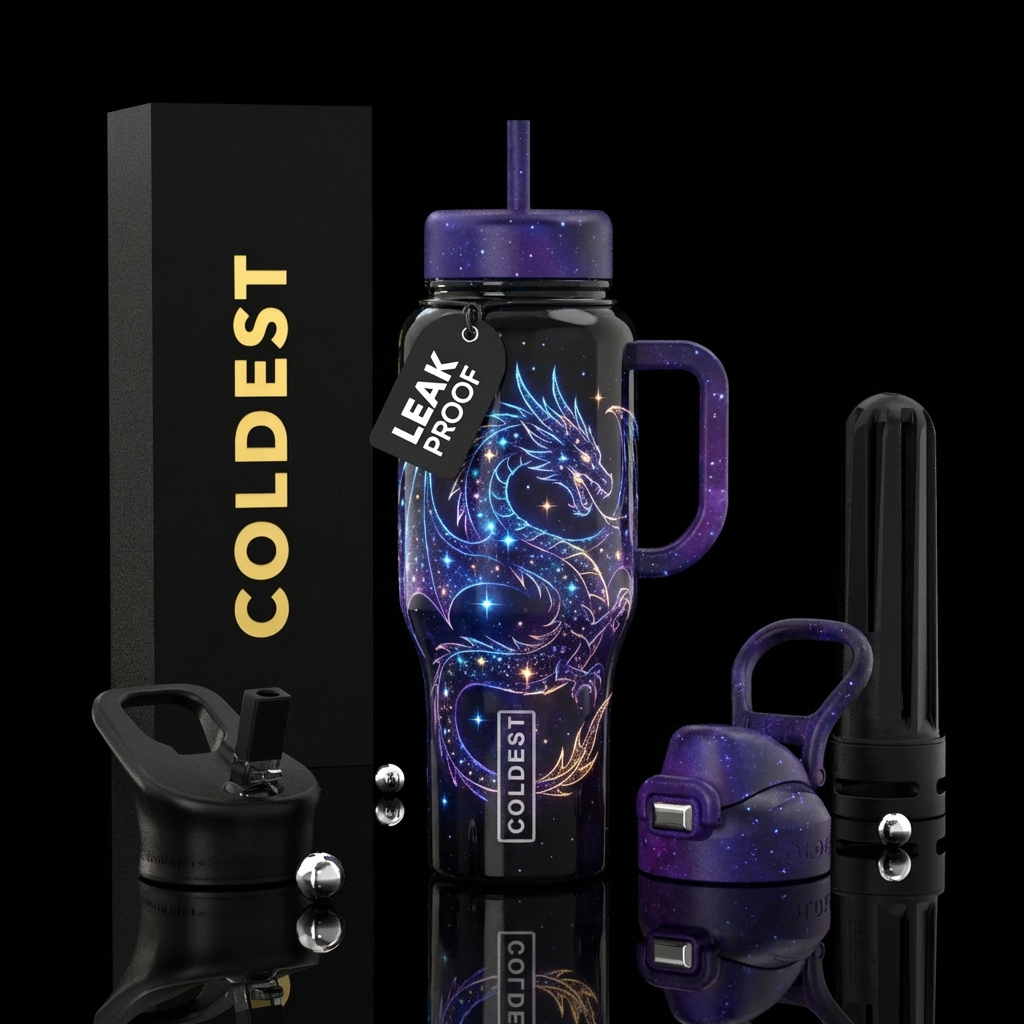 Dragon outline made out of stars in a black space water bottle design