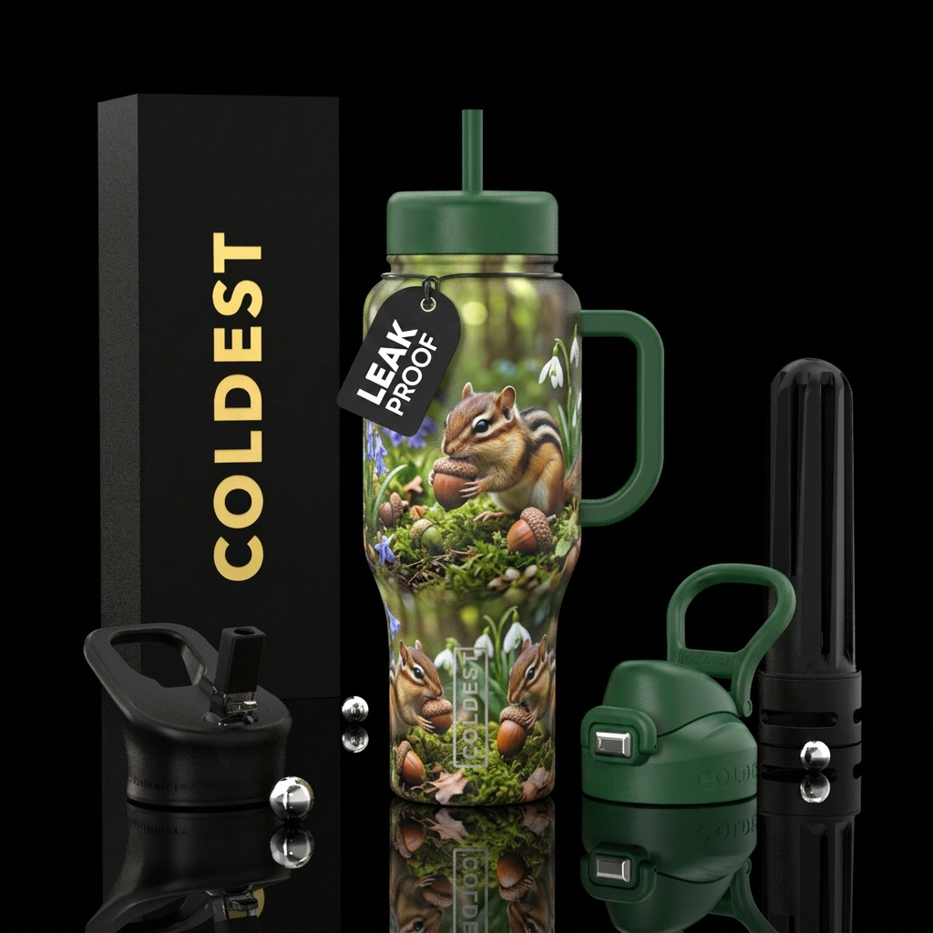 Baby Chipmunks with acorns scurrying around a wood... water bottle design