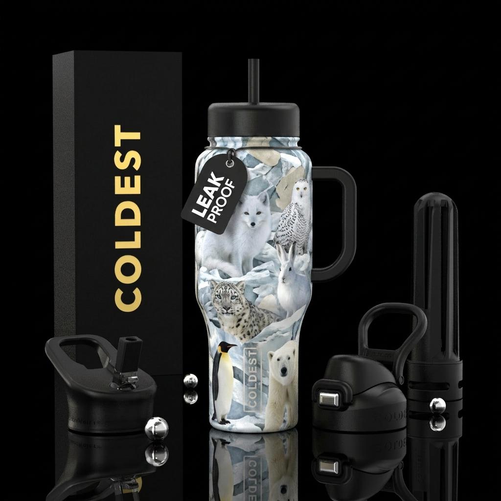 Arctic fox, snowy owl, arctic hare, snow leopard, ... water bottle design