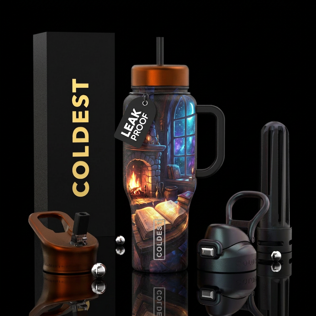 Open books with glowing text in room lit by fire i... water bottle design