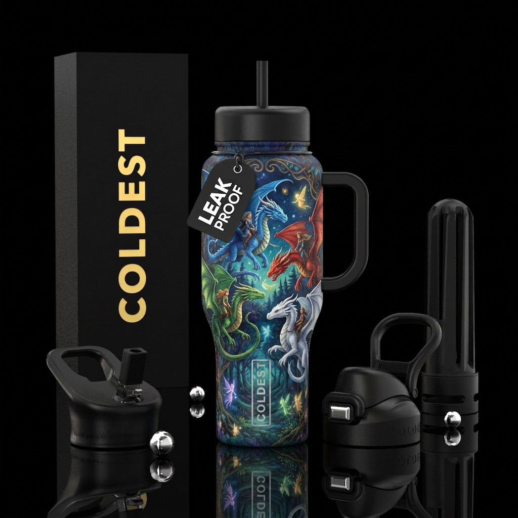 Blue dragon, red dragon, green dragon and white dr... water bottle design