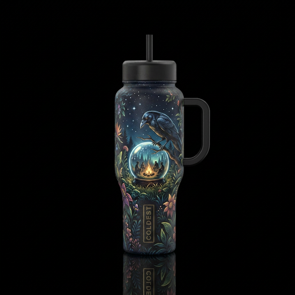 In a garden at night with stars shining, A raven l... water bottle design
