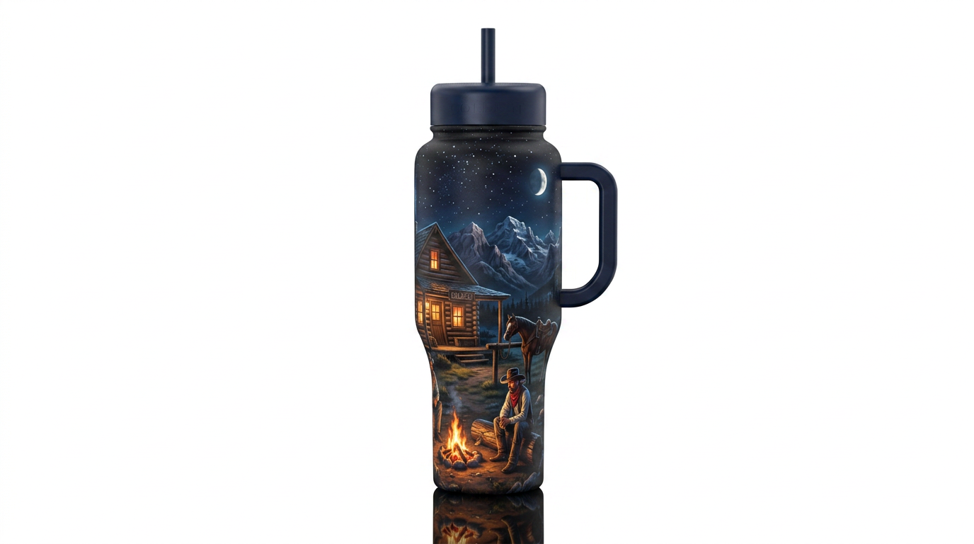 Log cabin with campfire cowboy sitting on log hors... water bottle design
