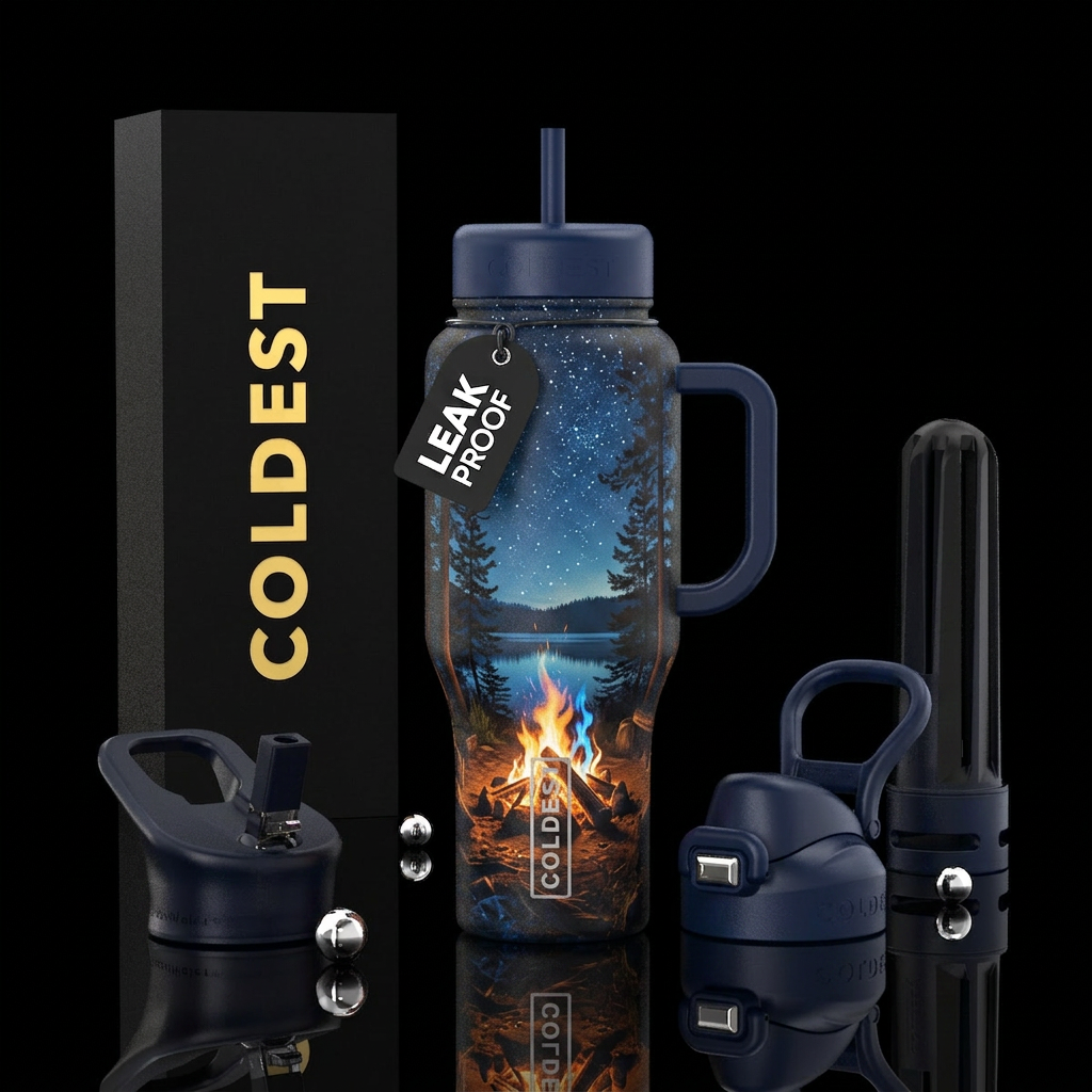 Campfire in woods with lake in backround under sum... water bottle design