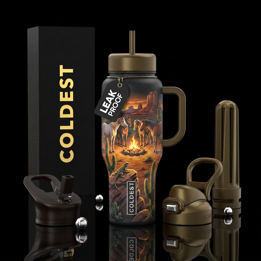 Horses by campfire in desert with mountain and Cac... water bottle design