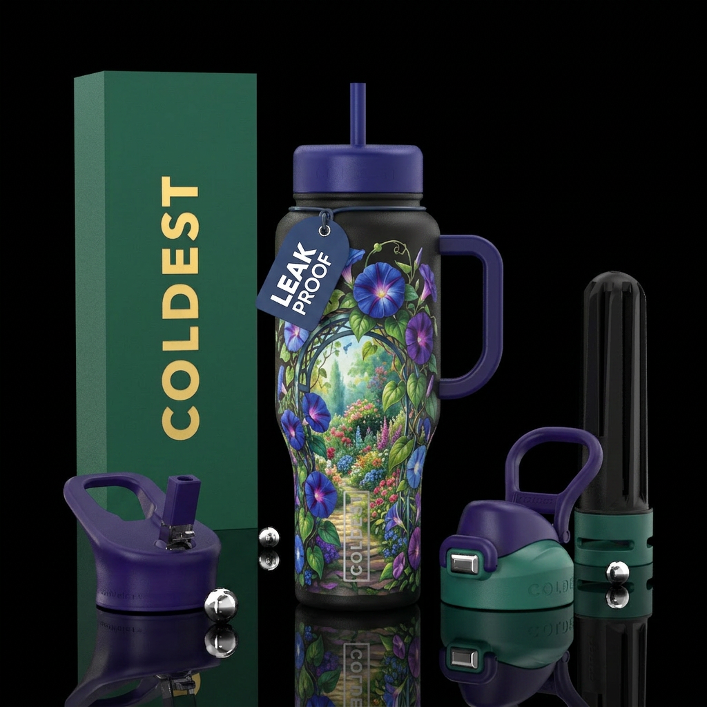 Morning glories vined around archway in front of b... water bottle design