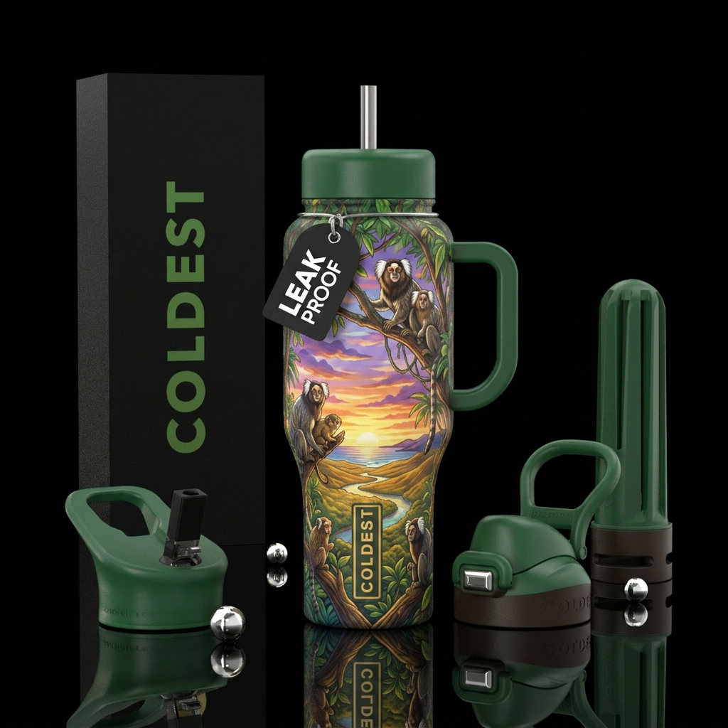 Marmasets in trees looking out over herizon water bottle design