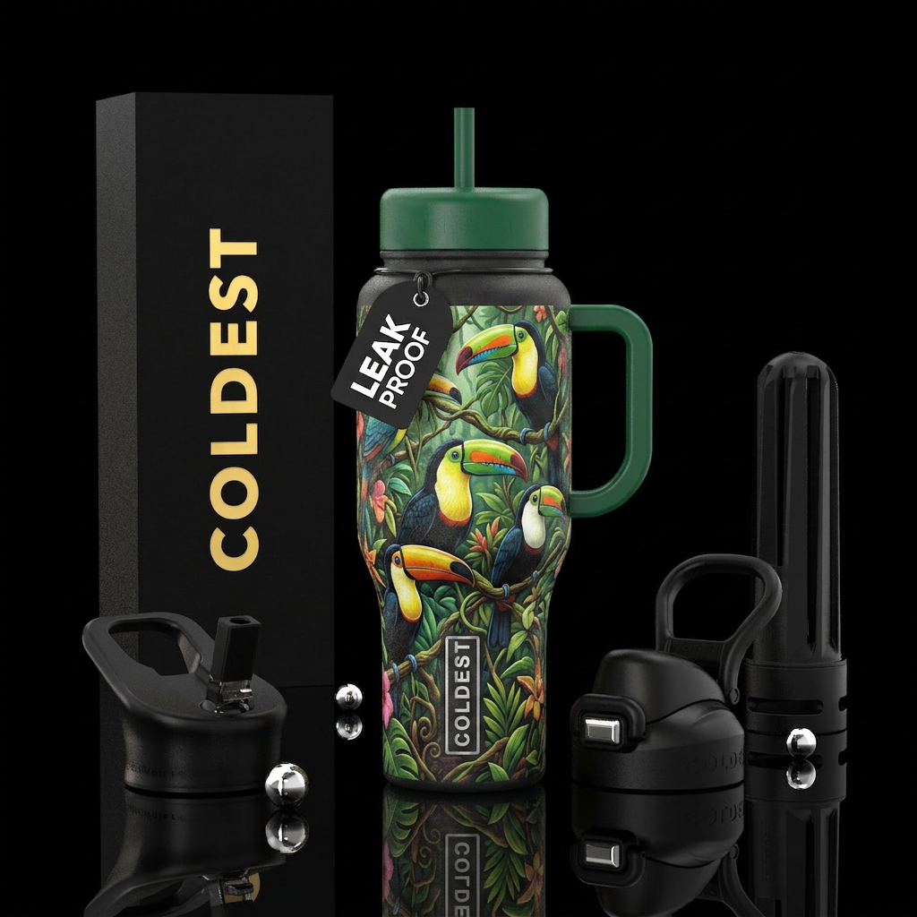 Toucans in rainforest perched high water bottle design