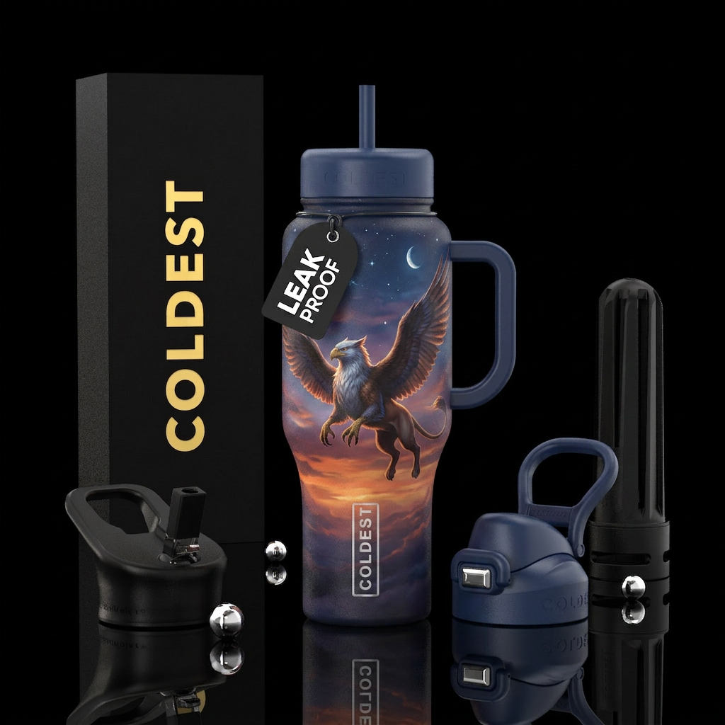 Griffin with wings stretched open in sky at dusk water bottle design