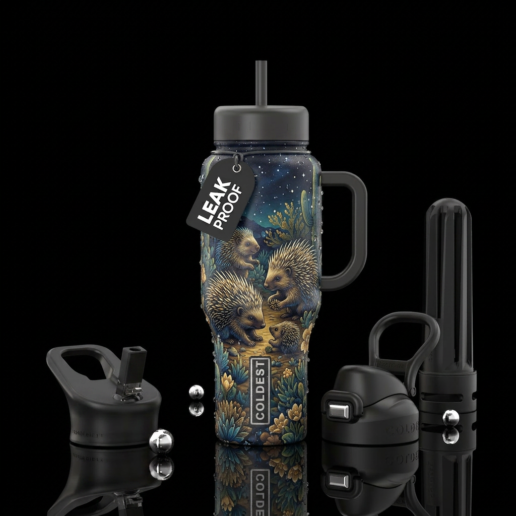 Baby porcupines amungst shrubs at night water bottle design