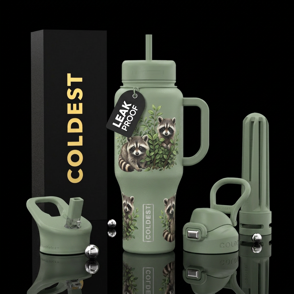 Baby raccoons peeking out from around bushes water bottle design