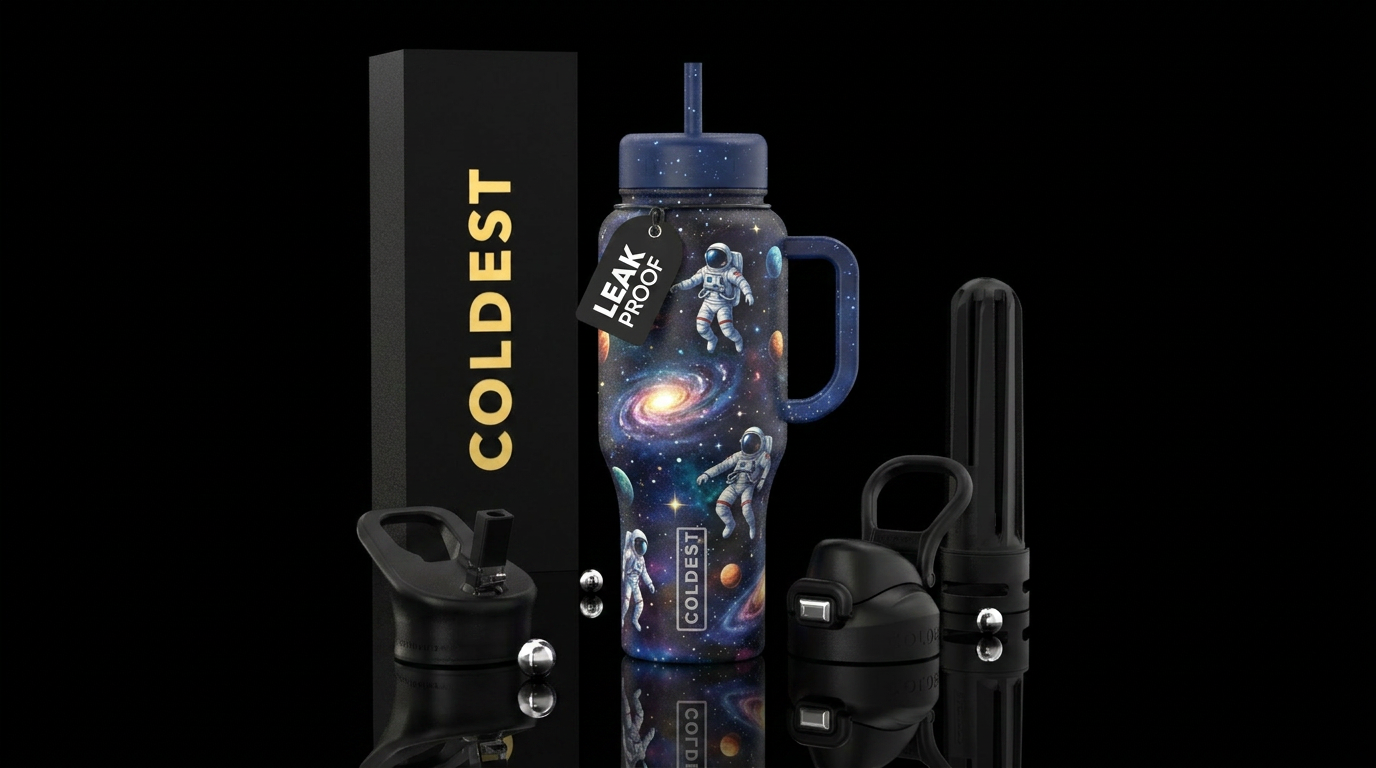 Astronauts in space with galaxies and stars behind water bottle design