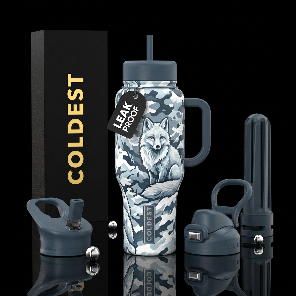 Snow camo with snow fox within water bottle design
