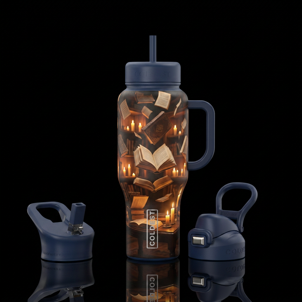 Books swirling through room light by candlelight water bottle design