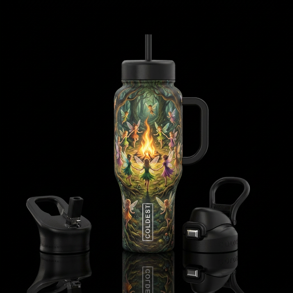 Pixies dancing around flame in wwodlands water bottle design