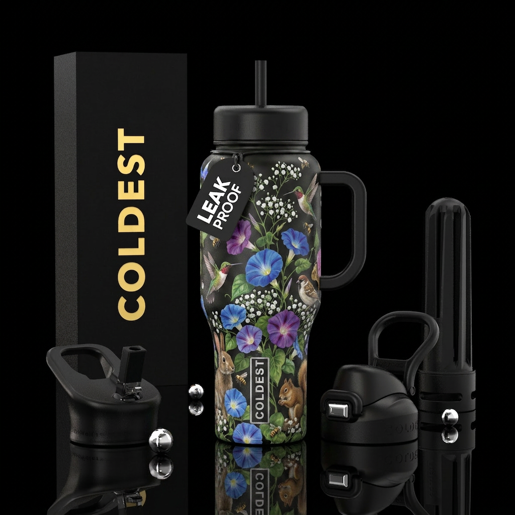 Garden with baby breath and morning glories with b... water bottle design