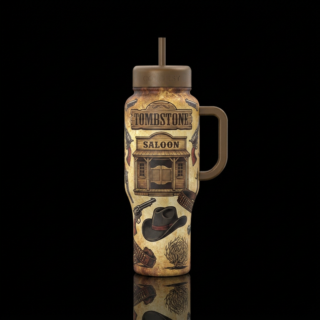 Gunslinger saloon Wyatt Earp tombstone cowboy hat water bottle design