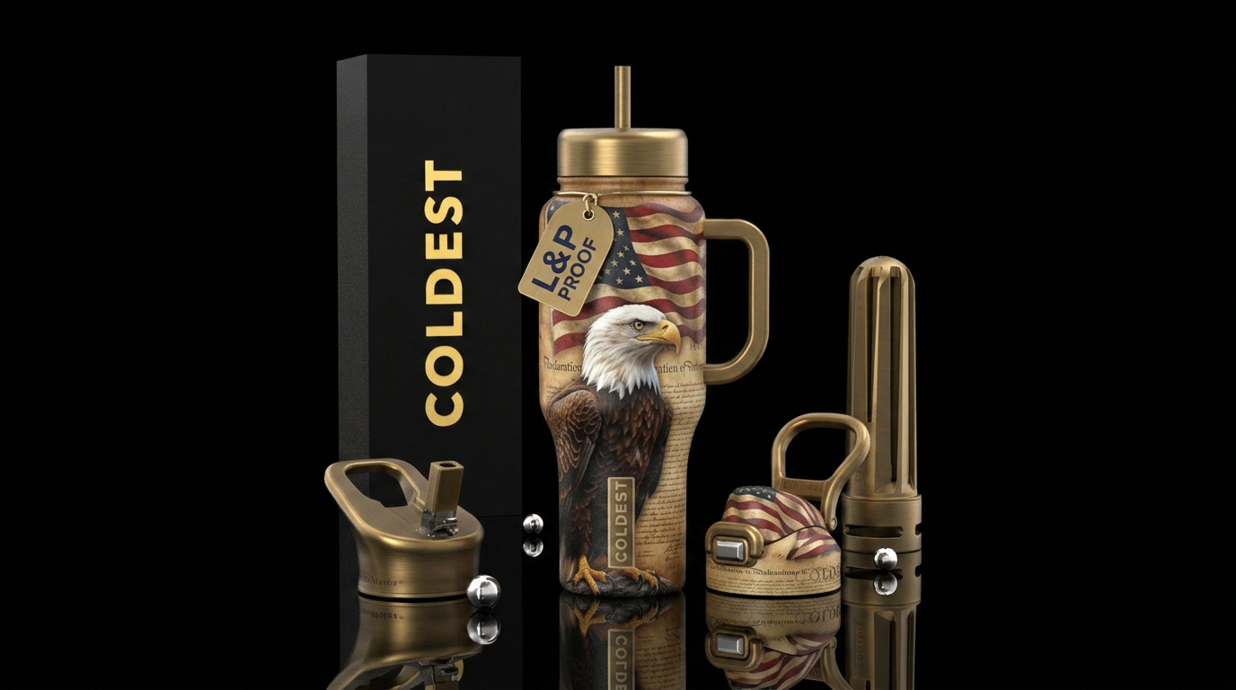 American flag, bald eagle, declaration of independ... water bottle design