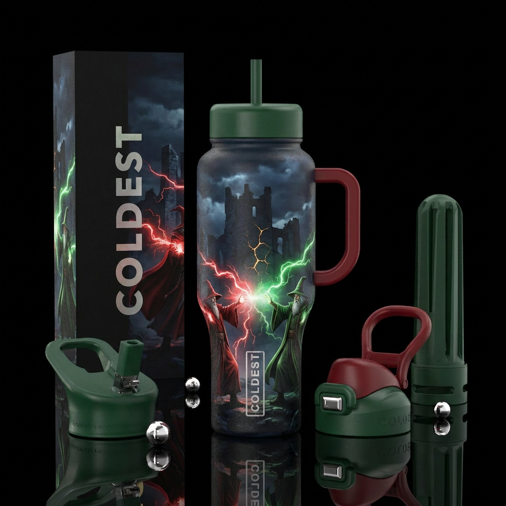 Dueling wizards, castle ruins, red and green Magic... water bottle design