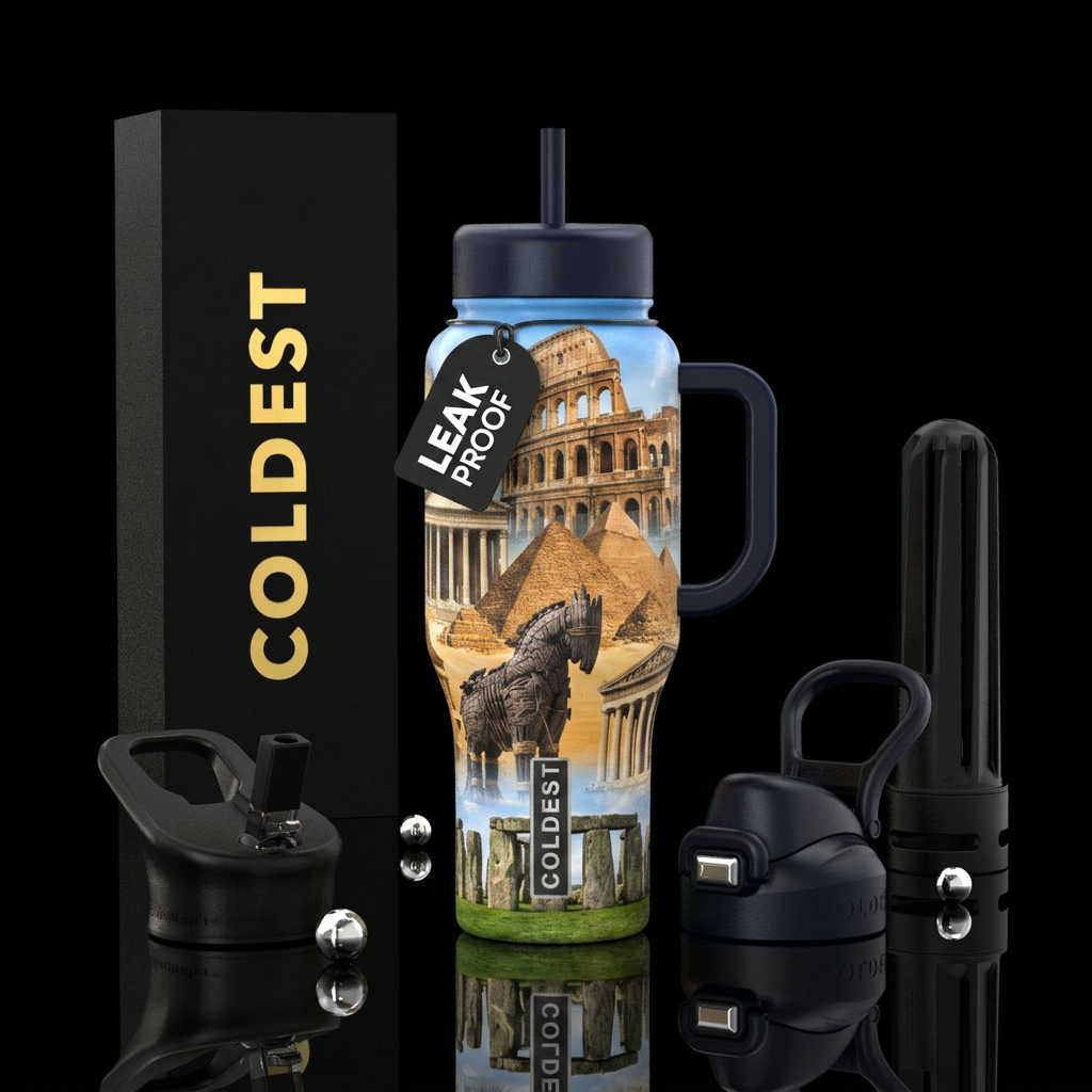Greek pantheon, great pyramids, Trojan horse, Roma... water bottle design