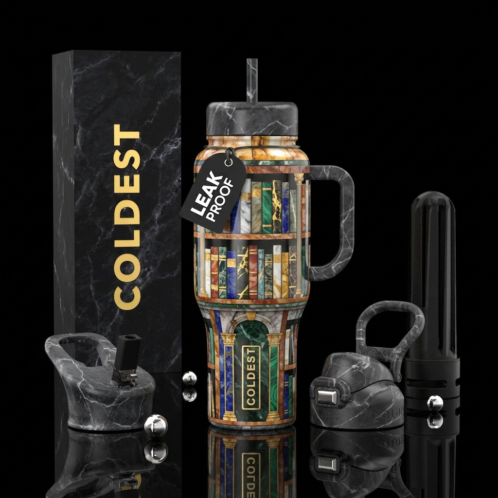 Floor to ceiling marble library water bottle design