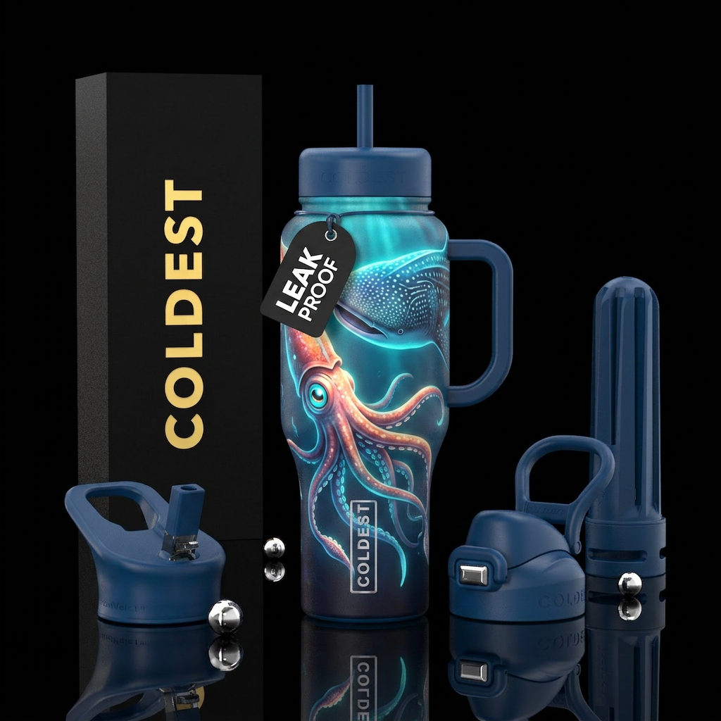 Whale Shark and Giant Squid Glowy water bottle design