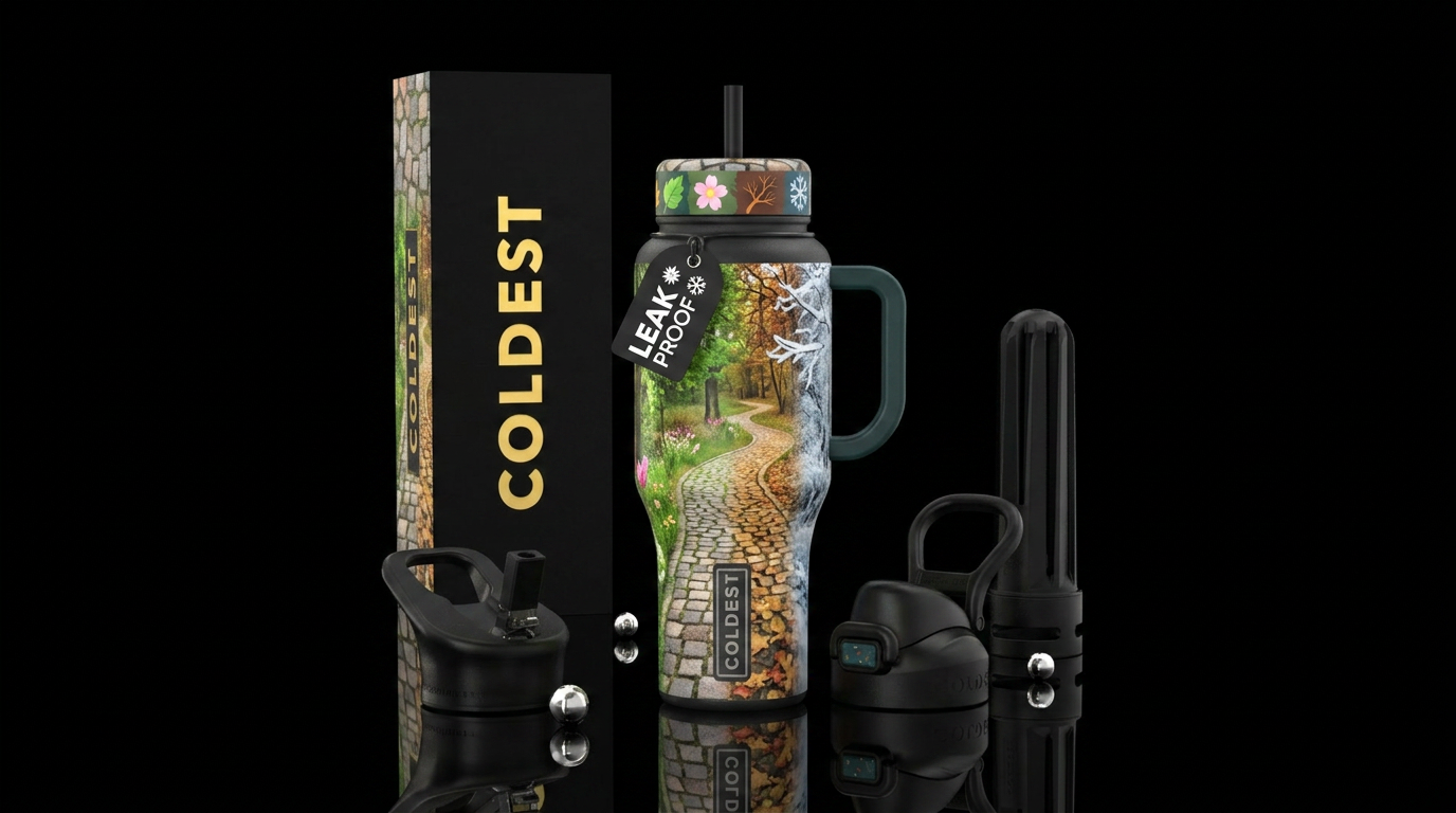 Summer, spring, winter, fall depicted on cobblesto... water bottle design