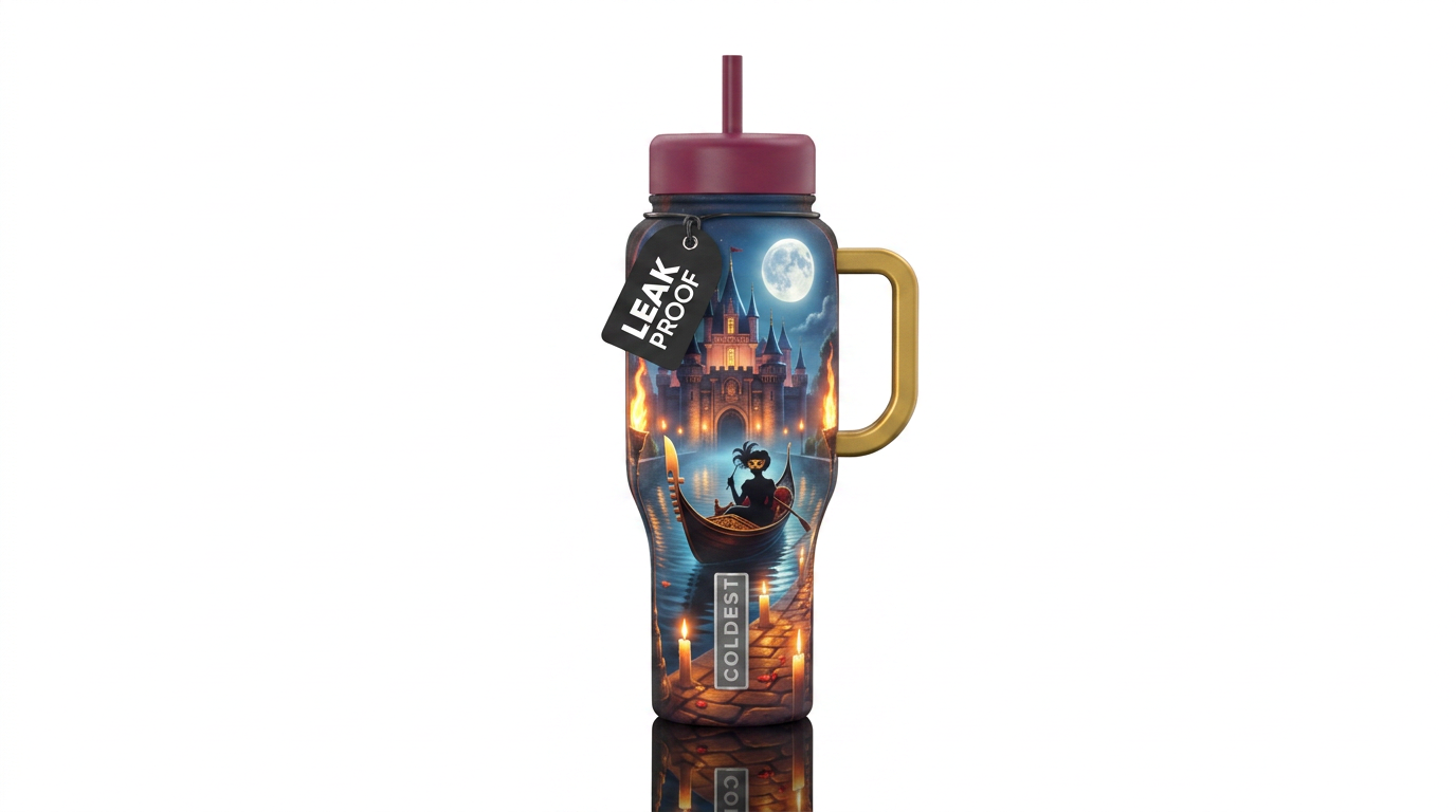 Under castle mote, boat with silhouette in masquer... water bottle design