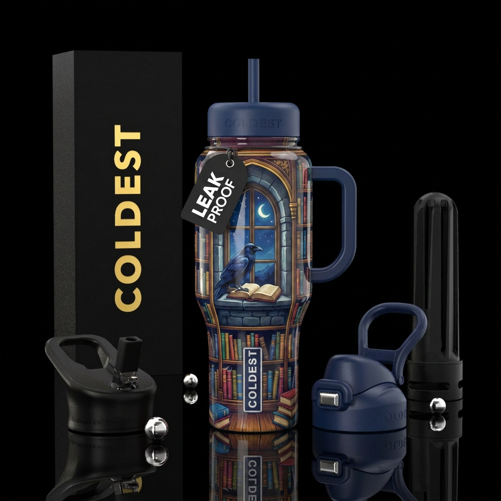 Library filled with books with raven sitting on wi... water bottle design