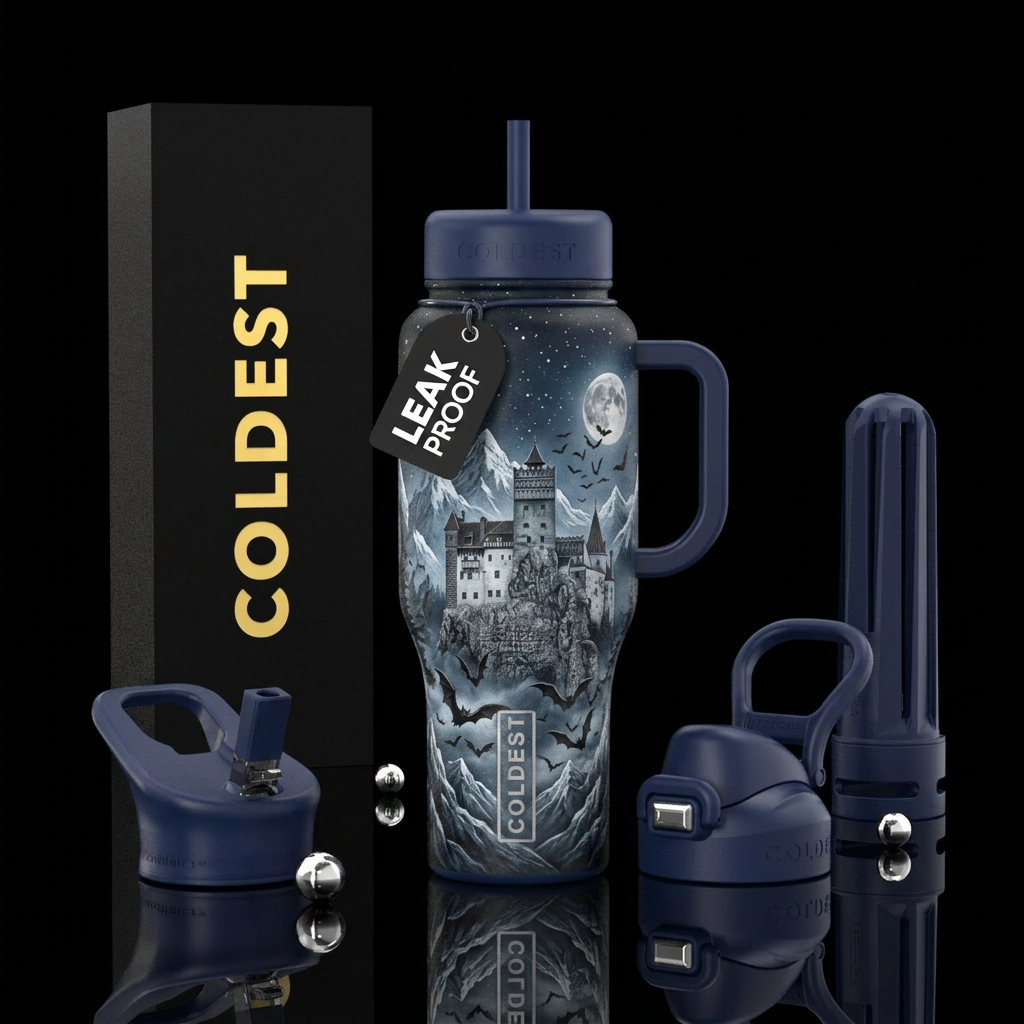 Transilvanian castle in mountains with bats circli... water bottle design